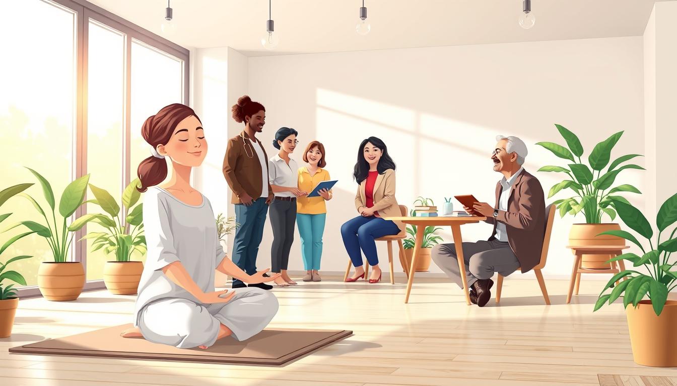 A diverse group practicing mindfulness together in a bright, plant-filled room.